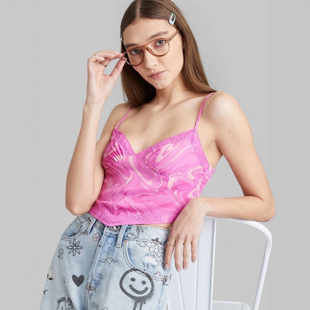 Women’s Lace Trim Satin Cami- Wild Fable™- M